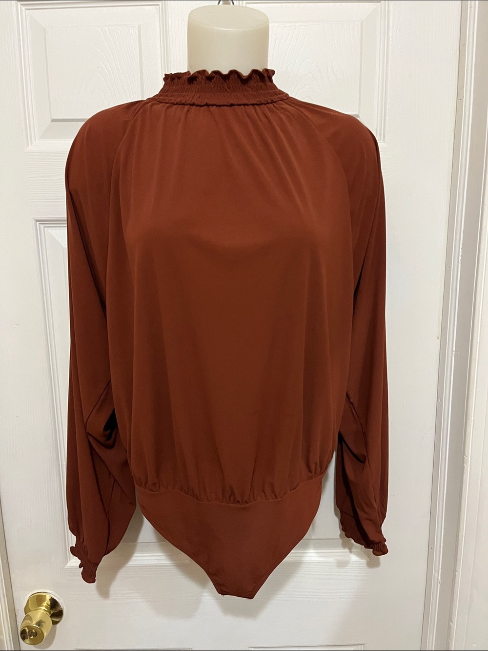 Express Rust Ruffled Mock Neck Long-Sleeve Bodysuit
